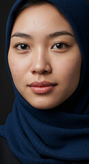 Naklejka premium Close-up Portrait of a Young Woman Wearing a Blue Hijab Against Black Background