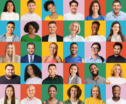 Positive men and women of various nationalities and generations, set of closeup portraits on colorful backgrounds, creative image. Peoples lifestyles, international communities concept