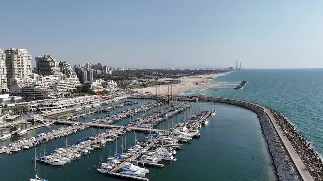 Aerial drone footage of Ashkelon Marina, Israel