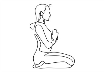 Young happy woman doing yoga, meditating in lotus pose on flower background. 
line icon-continuous line drawing. Editable stroke.