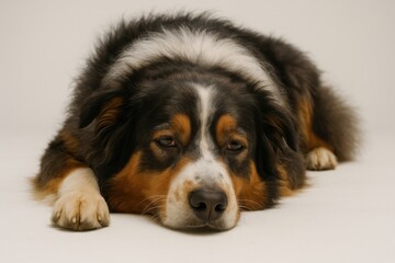 Australian Shepherd Dog Lying Down, Sad Expression, Studio Shot