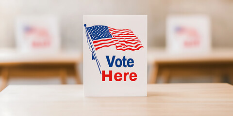 Obraz premium Patriotic Voting Reminder: A sign with a flag and 