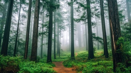 Obraz premium Misty forest path, tall trees