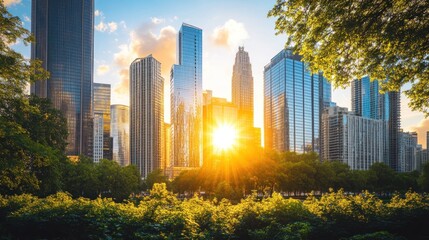 Obraz premium City skyline at sunset, trees and park foreground