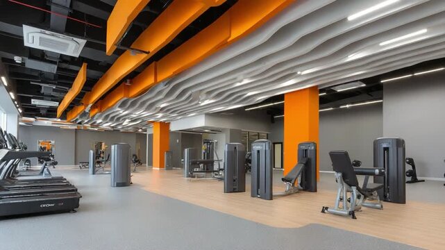 Modern empty gym with orange and grey design