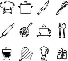 Silhouette cooking utensils kitchenware collection black and white vector Illustrator