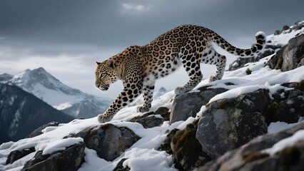 A majestic leopard traverses a snowy, rocky mountain landscape under a dramatic sky.