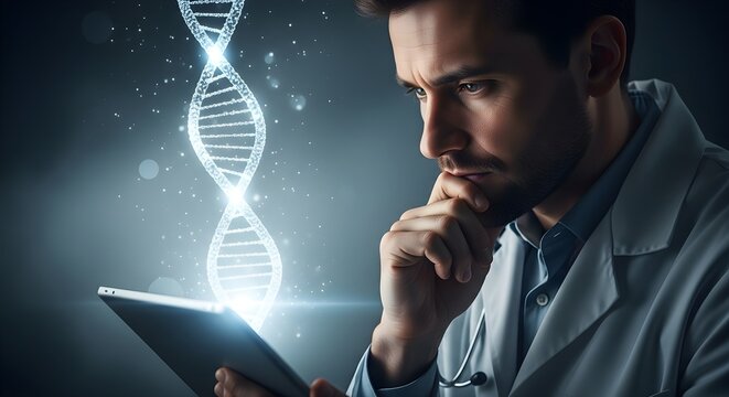 Male researcher focused on a glowing DNA double helix hologram emanating from a digital tablet, symbolizing genetic science and biotechnology