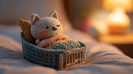 Cute knitted cat plush toy sleeping in bed with cozy blanket under warm light