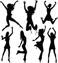 Group of diverse women celebrating and jumping with joy in silhouette against a white background