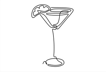 Cocktail glass with martini. Wineglass outline silhouette isolated on white background. Art. line icon-continuous line drawing. Editable stroke.