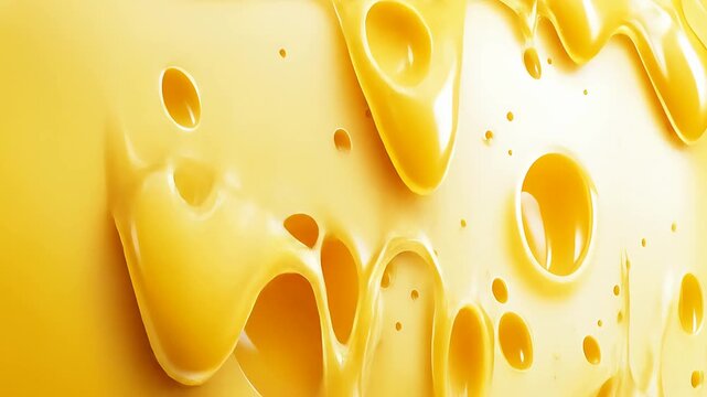 Yellow cheese flowing, holes visible, texture detailed, smooth surface, abstract food video, representing richness, abundance, dairy product