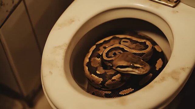 Ball python in toilet bowl, slowly uncoiling, creating suspenseful, unexpected, and slightly absurd visual narrative