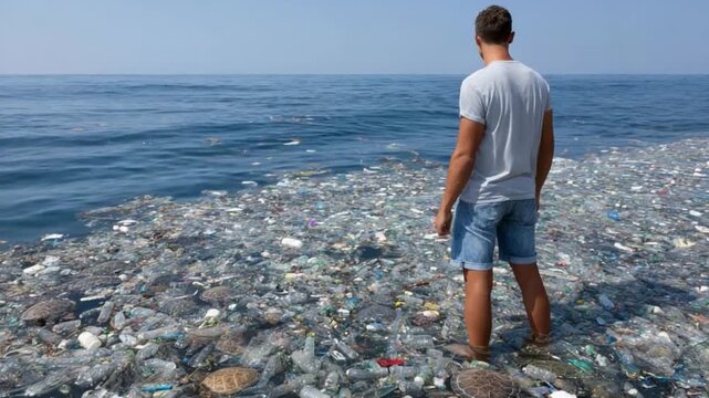 Man standing in ocean filled with plastic garbage pollution