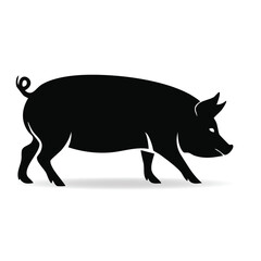 Fototapeta premium Black Silhouette of a Pig Walking on a White Background with Shadow