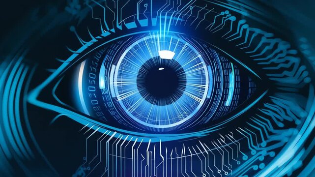 Abstract animation of a cybernetic eye, glowing blue, circuits and binary code visible, showcasing technological advancement, surveillance, digital vision, and artificial intelligence