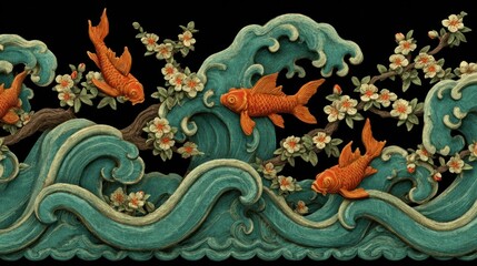 Ornate border with orange fish, teal waves, and white blossoms