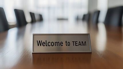 A sign that says "Welcome to TEAM" is on a shiny conference table, ready to greet new members joining the team, setting the stage for collaboration