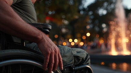 Obraz premium Man In Wheelchair In Park Evening Scene