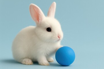 Fototapeta premium Adorable white rabbit with fluffy fur gently interacts with a vibrant blue sphere, creating a charming and playful scene on a light blue background.