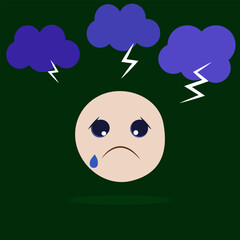 Emotional expression of sadness portrayed through a cartoon face under dark clouds and lightning