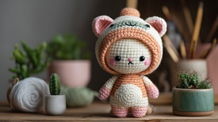 Cute crochet amigurumi cat doll on wooden table with cacti and yarn