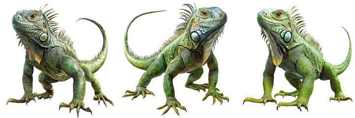 Obraz premium Set of three detailed green iguanas in various poses, isolated on transparent background. Perfect for reptile graphics or animal design. 