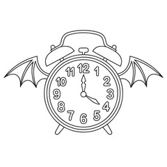 Bat-Winged Alarm Clock – Halloween Time-Themed Line Art Illustration