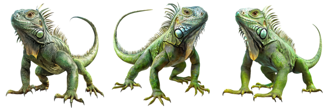 Set of three detailed green iguanas in various poses, isolated on transparent background. Perfect for reptile graphics or animal design.
