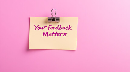 Feedback Welcome: A yellow sticky note against a pink backdrop, held by a silver clip, prominently displays the encouraging message "Your Feedback Matters."