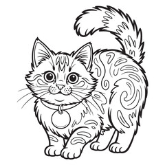 Cute Halloween Cat with Swirls and Big Eyes – Adorable Feline Line Art Illustration
