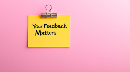 A bright yellow memo note, clipped on a pink wall, reads "Your Feedback Matters". It's a visual reminder of the value of input and suggestions.