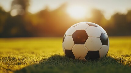 Fototapeta premium Close-Up of Soccer Ball on Green Grass in Soft Morning Light