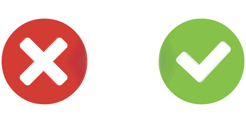 Hand drawn of Green check mark and Red cross isolated. Right and wrong icon. Vector illustration.