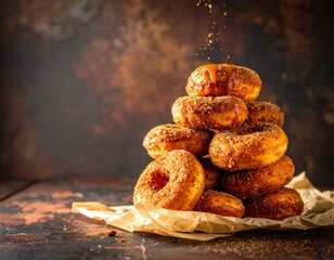 Pile of mini doughnuts with caramel drizzle and cinnamon sugar on crumpled parchment paper
