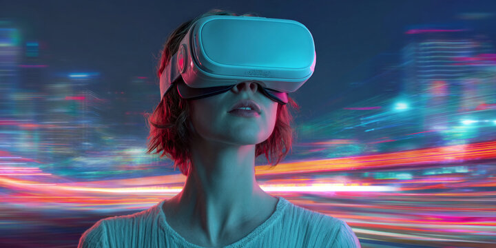 Woman wearing VR headset, city lights blurred background, showcasing immersive technology and virtual reality experience
