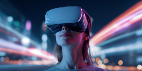 Woman wearing VR headset, illuminated by neon city lights at night, showcasing virtual reality experience and futuristic technology