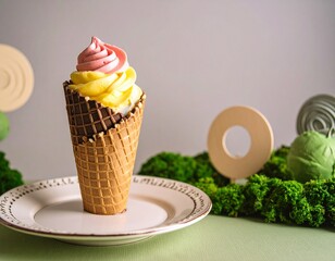 Bicolor Ice Cream Cone on a Plate