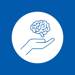 Concept of brain health represented by a hand holding a brain on a blue background focusing on mental wellness and support