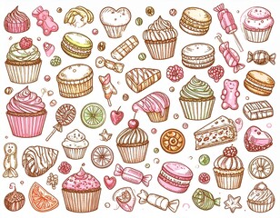Seamless pattern with various cartoon desserts: cupcakes, ice cream, cakes, and fruits