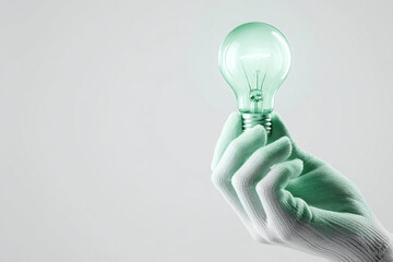 Gloved hand holding a green lightbulb against a light gray background Free space for text or logo Idea, innovation, solution concept