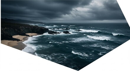 荒波砕ける黒雲の海岸 ドラマチックな波と暗い空. AI Generated