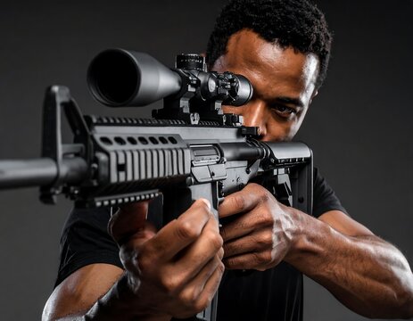 Intense african american man aiming assault rifle with focused determination in studio