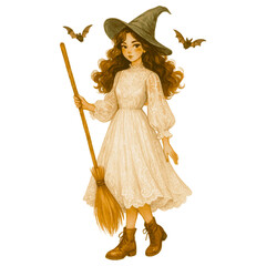 Whimsical witch girl stands confidently, wearing flowing white dress adorned with lace. Her curly hair cascades beneath pointed hat, and she holds broomstick, surrounded by playful bats