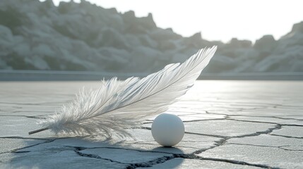 Elegant Feather and Sphere on Cracked Surface with Soft Light