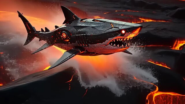 Futuristic robotic shark gliding over molten lava in a dramatic volcanic landscape