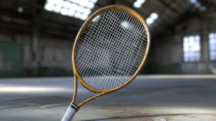 Old Tennis Racket on Court Floor in Abandoned Indoor Space