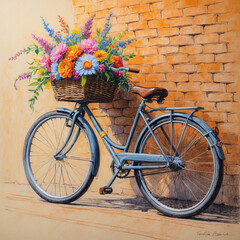 Fototapeta premium bohemian style watercolor painting colorful bike with basket flowers next to textured brick wall unique artwork aesthetic vintage wallpaper background