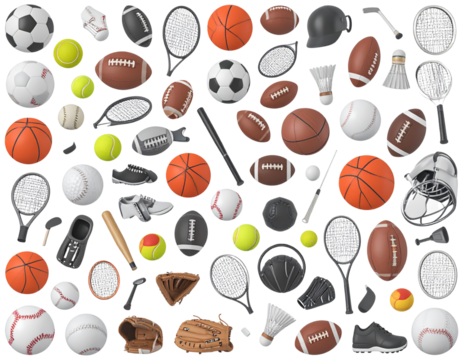 3D Sports Equipment Icons in Symmetrical Grid Layout with Soft Shadows, Isolated on Transparent Background PNG