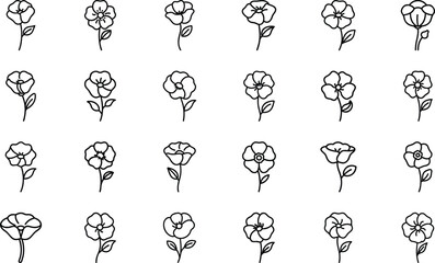 Bundle of 24 Hand-Drawn Flower Icons &ndash; Minimalist Floral Vector Set for Design, Tattoo, Logo, and Decorative Use